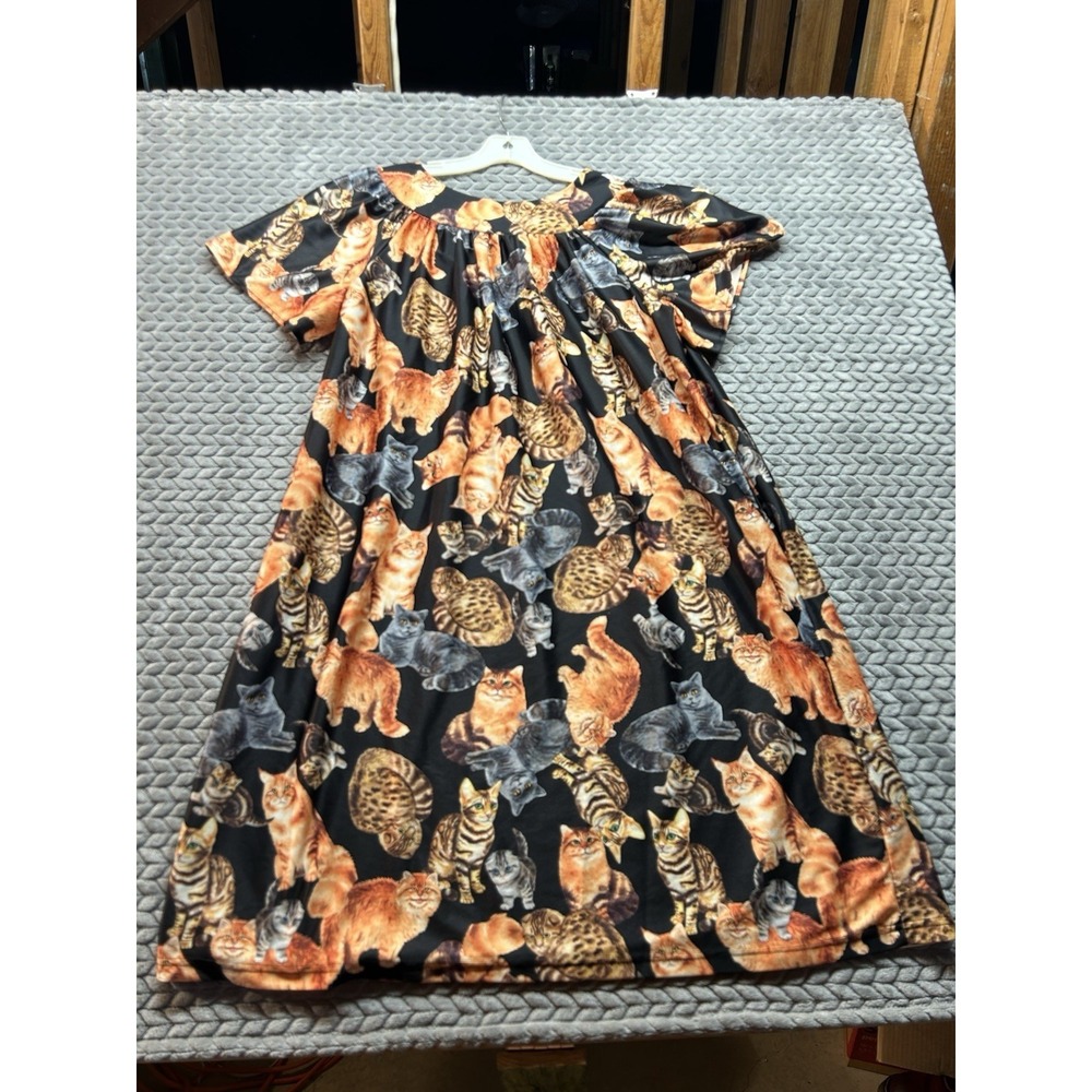Womens Cat Print Blouse Top Black Orange Short Sleeve Kitty Novelty Shirt 2xl - Picture 2 of 6